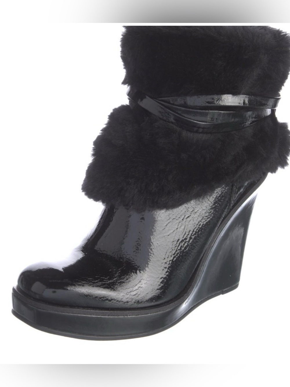 Michael Kors Black Patent Leather Wedge Boots Lace Up Faux Fur Cuff size 8